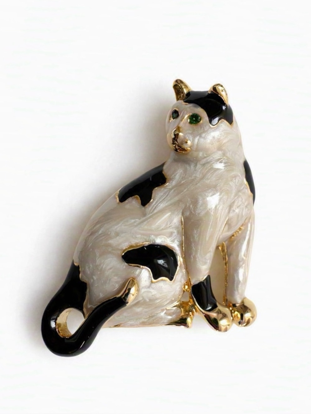 Vintage Enamel Gold-Trim Black & Marble Pearl Emerald Green Eyes Cat Brooch